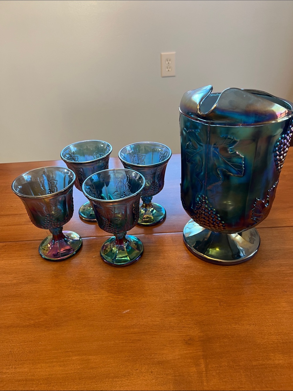Vintage Iridescent Blue-Green Carnival Glass Pitcher and Goblets Set